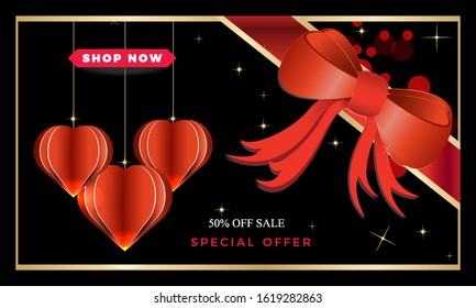 Valentines day banner layout design template graphic abstract background with hearts and ribbon bow. Vector illustration