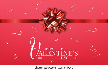 Valentines Day. Banner layout with realistic red glossy gift bow and confetti. Valentine's design.