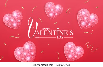 Valentines Day. Banner layout with red glitter shiny hearts and gold confetti. Valentine's design.