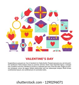 Valentines day banner with love icons in flat style and text