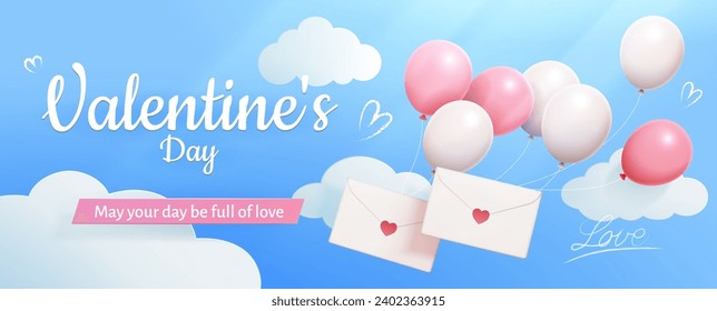 Valentine's Day banner. Love letter attached to balloons flying in cloudy blue sky.