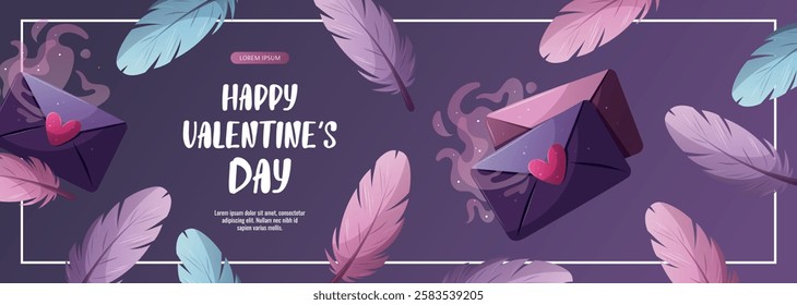 Valentine's Day banner with love letter and feathers. Romantic, magic love, 14 February concept. Vector illustrations