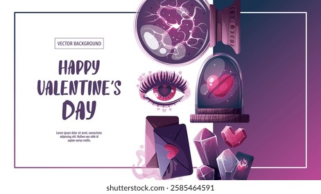 Valentine's Day banner with magic ball, crystals, love letter, heart in a glass dome, tarot card, love eye. Romantic, magic love, 14 February concept, Vector illustrations.