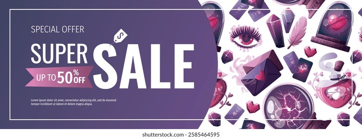 Valentine's Day banner with magic ball, love potion, crystals, love letter, heart in a glass dome, tarot cards, love eye. Romantic, magic love, 14 February concept, Vector illustrations.