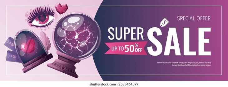 Valentine's Day banner with magic ball, crystals, heart in a glass dome, tarot cards, love eye. Romantic, magic love, 14 February concept, Vector illustrations.