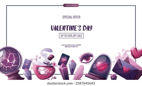 	
Valentine's Day banner with magic ball, love potion, crystals, love letter, heart in a glass dome, tarot cards, love eye. Romantic, magic love, 14 February concept, Vector illustrations.