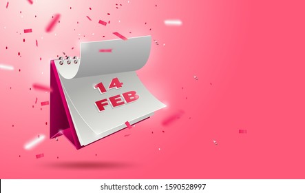 Valentine's Day Banner With Open 3d Calendar 14 February And Glitters On Pink Background.