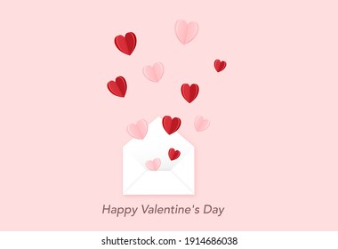 Valentines day banner, open envelope with
heart on pink background.