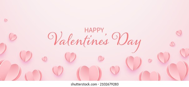 Valentines day banner with paper heart elements on pink background
