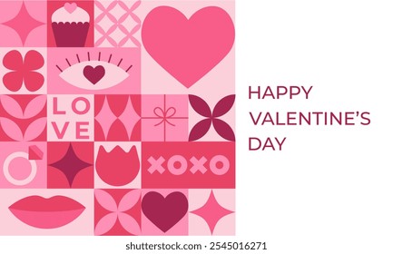Valentine's day banner with pink elements and geometric shapes. Template for Valentine holiday design. Vector illustration