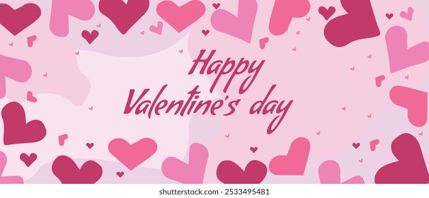 Valentine's day banner with pink and red hearts and handwritten text on light pink background for celebration