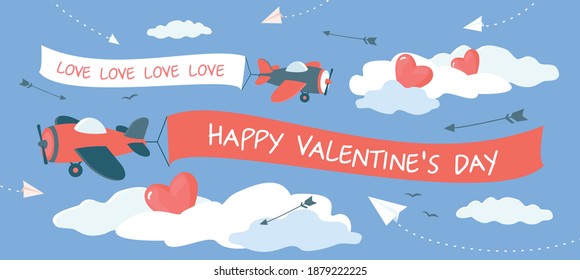 Valentine's Day banner. Planes with a banner, clouds, hearts, Cupid's arrows, paper airplanes. vector, pink and blue colors.