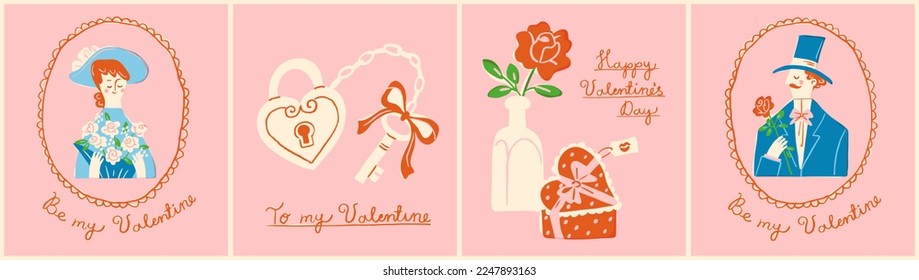 Valentine's day banner or post card design. Lady and gentleman holding flowers, romantic gift in a heart shaped box and a lock with a key. Hand drawn elements in retro style.