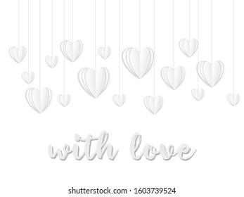 Valentine's Day banner, poster, flyer with hanging  hearts. Vector illustration for Happy Women's, Mother's, Valentine's Day, wedding or love greeting card design.