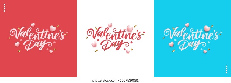 Valentine's day banner or poster template with handwritten style and heart decoration on red, white and light blue background