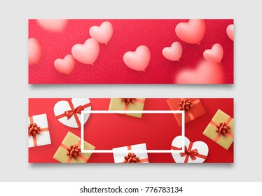 Valentines day banner, posters, greeting cards, headers website. Falling balloons shape pink hearts. Holiday boxes with gifts design vector illustration