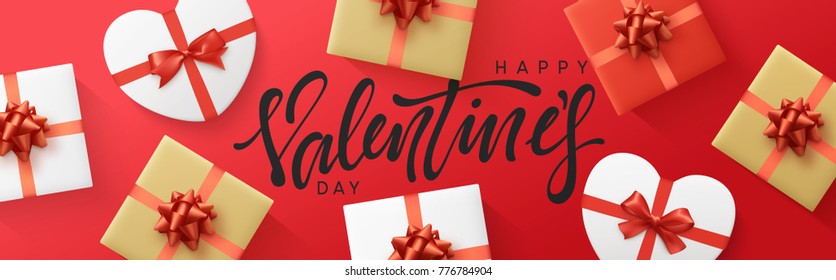 Valentines day banner, posters, greeting cards, headers website. Holiday boxes with gifts design vector illustration