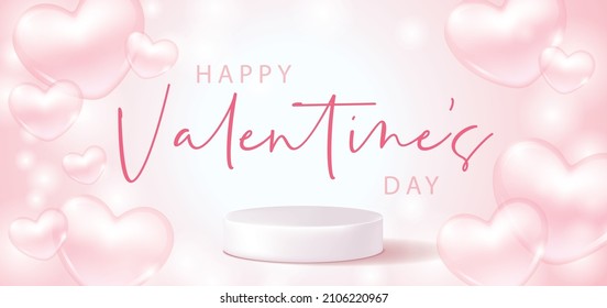 Valentine's day banner for product demonstration. White pedestal or podium with flying hearts on pink background.