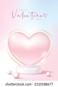 Valentine's day banner for product demonstration. White pedestal or podium with heart and pearls on pink background. 