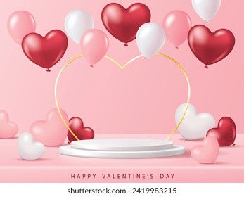 Valentine's day banner for product demonstration. White pedestal or podium with balloons on pink background.