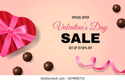 Valentine's day banner promo design for website. Flat lay heart shape box and truffle chocolate. Realistic vector.