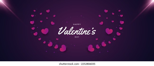 Valentine's Day Banner with Purple Hearts and Shining Lights. Happy Valentine's Day Typography for Postcard, Card, and Invitation