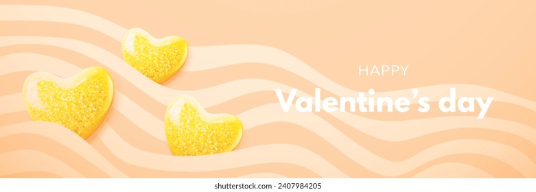Valentine's day banner with realistic decorative glossy golden 3d hearts with glitter and wave lines on a delicate candy background. Love banner, gift voucher, cute greeting card. Vector illustration