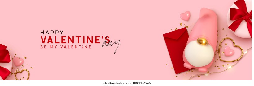 Cartel de San Valentín. Diseño realista objetos decorativos románticos en 3d gnomo escandinavo para los amantes del símbolo. Corazón de oro, correo de papel rojo. Caja de regalo con arco rojo. Fondo rosa. Cabecera del sitio web