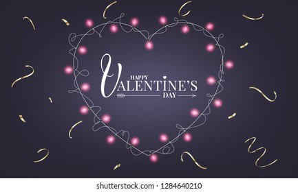 Valentines Day banner with realistic heart shape lamps lights garland and gold confetti.