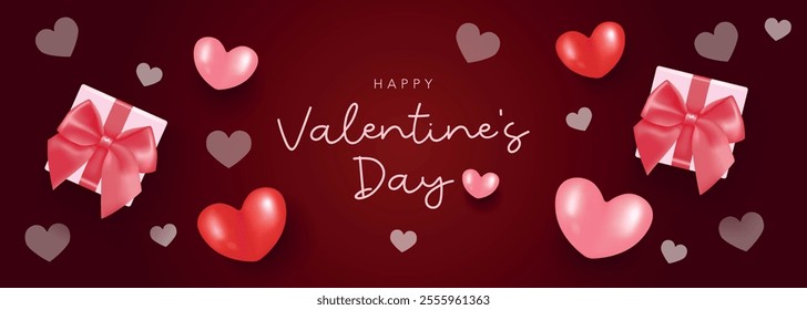 Valentine's Day banner with realistic red ribbon gift boxes, red, and pink hearts and dark red background. Valentine's Day greeting card, coupon, voucher, website, social media, promotion, sale