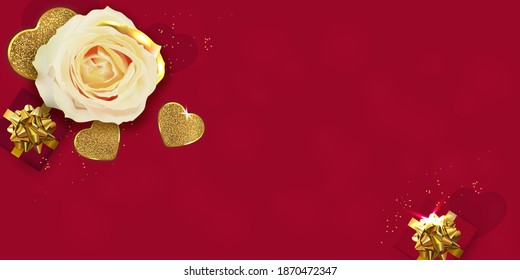 Cartel de San Valentín. Fondo Rojo, afiche, tarjeta de saludo con caja de regalo realista y flor de rosa. 
