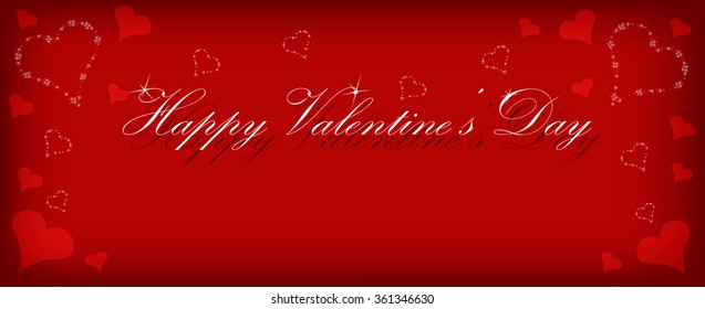 Valentines Day banner with red background and hearts and glitter 