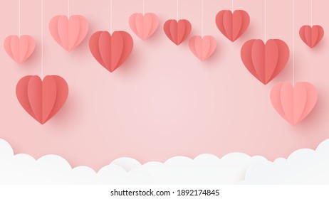 Valentines day banner. Red heart paper craft on pink background. Greeting card. Paper cut and craft style illustration