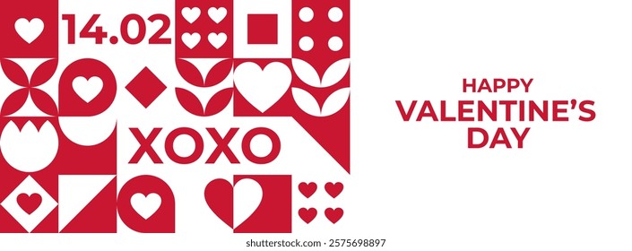 Valentines day banner with red and white elements and geometric shapes
