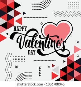 valentines day banner with retro typography and love pink red theme modern abstract geometric background. Happy Valentines greeting card with valentine icons. 14th of February. Vector illustration