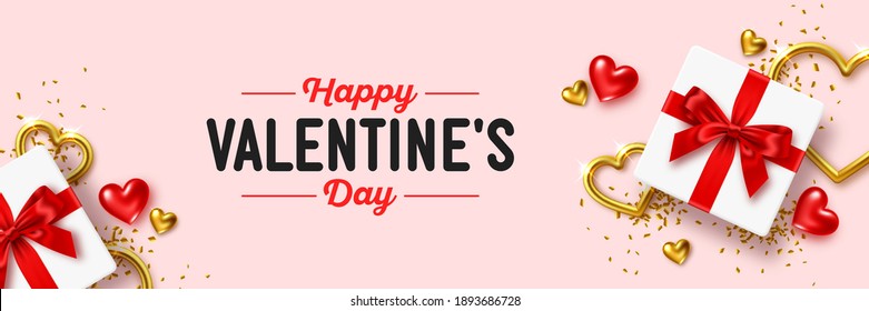 Valentine's Day banner. Romantic composition made of gift boxes with a red bow, red and gold jewelry hearts and confetti on pink background, vector illustration