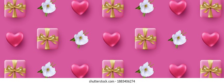 Valentine's day banner. Romantic symmetrical composition with hearts, gift boxes and flowers
