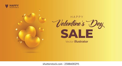 Valentine's day banner sale golden heart design. Templates for social media posts backgrounds, cover, poster, banners, marketing, sales promotion copy space vector illustration background