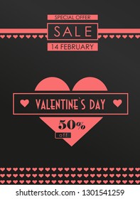 Valentine's day banner sale on a dark background with pink hearts