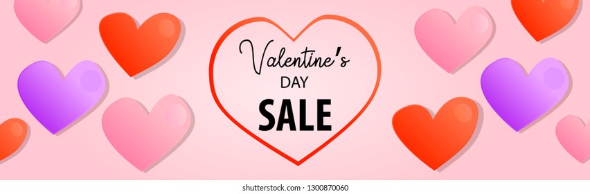 Valentine's Day banner with Sale. Violet, pink and red hearts on pink background. Vector illustration.