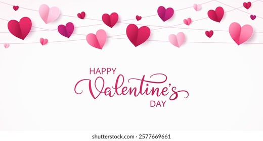 Valentine's Day banner. Seamless decoration, red and pink hearts string on white background. Holiday frame, border. For headers, party flyers, sale promotions. Vector.