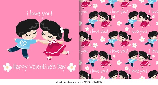 Valentines Day banner and seamless pattern of cute couple in happy moment with cute flowers, i love you text on pink background. Vector illustration.