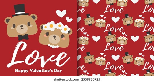 Valentine's day banner and seamless pattern of cute brown bear couple with Love text and white hearts on red background. Flat design for love or Valentines concept. Vector illustration.