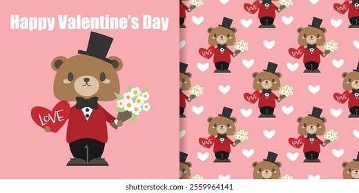 Valentine's day banner and seamless pattern of cute brown bear holding bunch of flowers and a red hearts with Love text on a light pink background with small white hearts. Flat design.