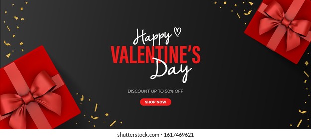 Valentine's Day banner for seasonal sale. Realistic Vector illustration with top view red gift boxes and confetti on black background. Promo discount banner for posters,ads, coupons, promotions