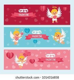 Valentine's Day banner set. Cute cupid angels with hearts, balloons, flowers in cartoon style. Happy Valentines day set in vector. Hand drawn letters.