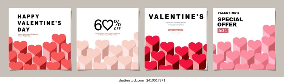 Banner de San Valentín para publicaciones en medios sociales, aplicaciones móviles, banners, marketing digital, promoción de ventas y anuncios en sitios web. Antecedentes vectores, estilo geométrico con patrón de corazones. Ilustración vectorial.