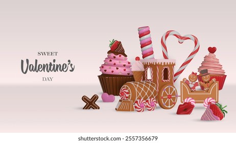 valentine's day banner with sweets. valentine card with cupcakes, gingerbread cookies, candies and chocolates