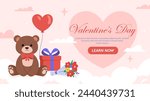 Valentines day banner. Teddy bear with heart air ballon and red gift box. Romantic gifts and presents. International holiday and festival. Landing webpage design. Cartoon flat vector illustration