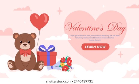 Banner de San Valentín. Osito de peluche con globo de aire del corazón y caja de regalo roja. Regalos y regalos románticos. Fiesta y festival internacional. Diseño de página web de aterrizaje. Ilustración de vector plano de dibujos animados